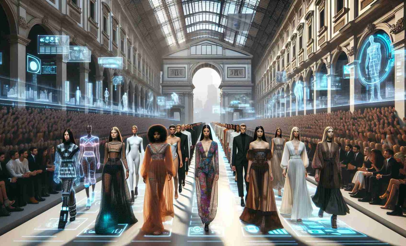 High definition image showcasing the future scenario of the fashion industry in Italy. The image should capture a fashion runway scene with models of diverse descents like Caucasian, South Asian, and Black modeling futuristic designs. It should further depict advanced technology like holographic displays, AI-powered tools, and sustainable materials indicating an environmentally conscious approach. The surroundings should reflect traditional Italian architecture melded with cutting-edge designs. Note: All models should be portrayed in a respectful and empowering manner.