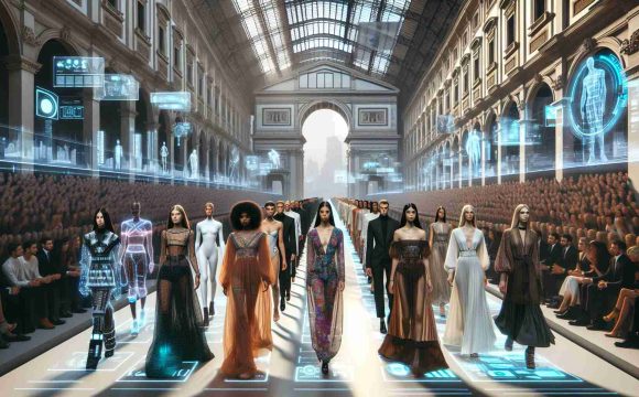 High definition image showcasing the future scenario of the fashion industry in Italy. The image should capture a fashion runway scene with models of diverse descents like Caucasian, South Asian, and Black modeling futuristic designs. It should further depict advanced technology like holographic displays, AI-powered tools, and sustainable materials indicating an environmentally conscious approach. The surroundings should reflect traditional Italian architecture melded with cutting-edge designs. Note: All models should be portrayed in a respectful and empowering manner.