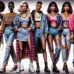 High-resolution, realistic image highlighting the nostalgic beauty of 90s fashion. The image could include symbolic elements such as grunge-inspired ripped jeans, colorful crop tops, and oversized denim jackets. To represent the glamour aspect, accessories like chunky gold chain necklaces, big hoops, and glossy lipsticks could also be included. Various fashion models could be present, each showcasing a different iconic style of the 90s: a Black woman with high-waisted mom jeans and a band t-shirt, a South Asian man with a flannel shirt wrapped around his waist, a Middle-Eastern woman sporting a babydoll dress, and a Caucasian man in a bright windbreaker suit.