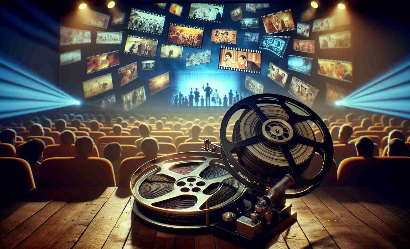 Generate a high definition, realistic image representing the concept of 'Reviving Classics: A Cinematic Resurgence'. The scene should depict an old, analog film reel, in mint condition, set against the backdrop of a modern digital projector. The projector is projecting images of classic movie scenes which are being transformed into crisp, digital frames in mid-air, symbolizing the resurgence of classics. Use warm, nostalgic colors for the film reel and classic scenes, with contrasting cool, vivid colors for the modern projector and the digital frames. Please do not include any real or specific films or actors in the projected scenes.