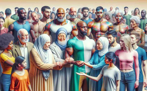 A highly detailed, high-definition picture showcasing the concept of body neutrality. In this image, diverse people of different ages, body types, and races are shown interacting with one another, promoting inclusivity and acceptance. Some of these individuals could be a Caucasian elderly woman, a muscular Black man, a lean South Asian man, a Hispanic woman with curves, and a Middle-Eastern teenager with an athletic physique. This picture aims to provide a new definition of beauty, stretching beyond physical appearances and showcasing diversity in its realest form, thereby redefining beauty standards.