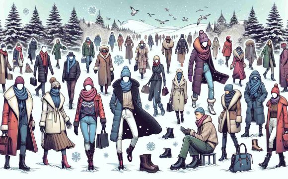 High definition digital illustration portraying new fashion trends of an upcoming winter season in 2024. The scene could show wintry outdoor settings with different people of various descents and both genders wearing fashionable winter attire. This could include stylish coats, scarves, hats, boots of various styles and colors, all indicative of new trends.