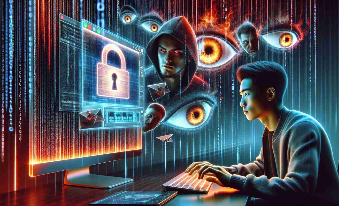 A highly-detailed and realistic depiction showcasing the importance of online privacy in the digital age. This image captures a young Asian male navigating on a contemporary, sleek computer, with a chrome lock symbol floating above the screen, symbolizing security. Meanwhile, multiple eyes lurking from the shadows, symbolize potential observers or threats. In the background, illuminated binary code rain cascades down a digital screen, referencing the digital nature of information, while a firewall depicted as a sizable, vividly colored barrier in molten red and orange tones blocks some menacing elements, emphasizing defense mechanisms.