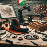 High-definition, realistic image showcasing a scene from the Italian footwear industry. The scene can include a pair of handcrafted Italian leather shoes in the foreground. The surroundings show hints of innovation with tools such as a digital sketchpad, a 3D printer, and advanced shoe making machinery. In the background, the setting presents Italian insignia and elements of the Italian culture to underline the unique character of Italian craftmanship.