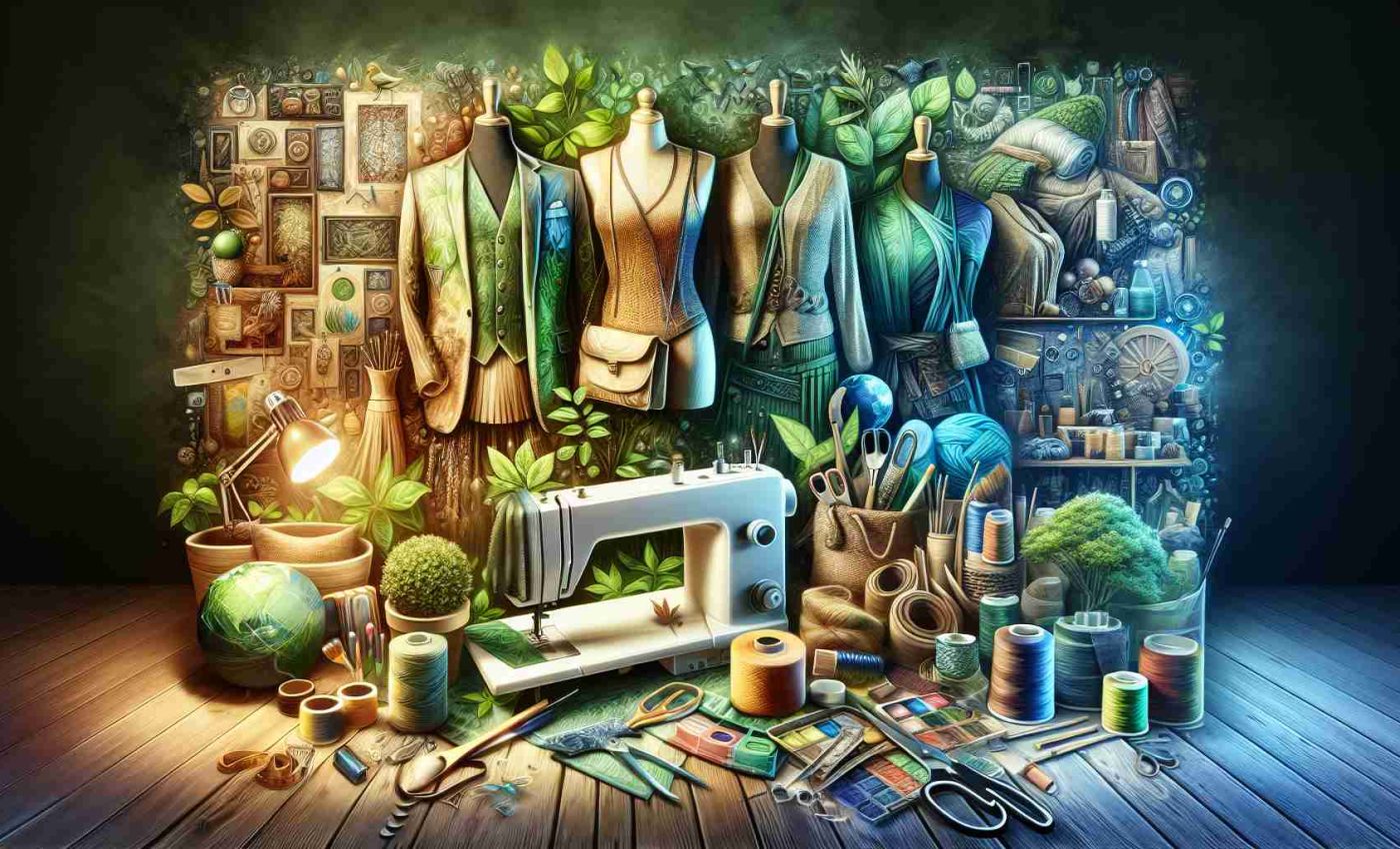 Realistically detailed high-definition image representing sustainable fashion revolution. Depict clothing designs that are eco-friendly, characterized by innovative and artistic elements. These designs should integrate materials that are environment-friendly, suggesting a responsible approach to fashion. The scene could include items such as garments made from recycled materials, accessories made from sustainable sources, and a workshop or a boutique that supports green practices. The color palette can be richly vibrant, implying the diverse beauty of nature that is being preserved through these efforts.