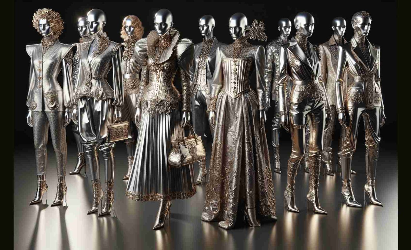 Produce a high-definition, realistic image that portrays the concept of 'Modern Renaissance' in the context of metallic fashion. It should be filled with recyclable metallic materials crafted into sophisticated garments. It should indicate the combination of old-world elegance from the Renaissance period, embodied by elaborate detailing, intricate patterns and high collars, with the modern twist of shiny, smooth metallic textures in the form of dresses, suits, and accessories. The image may include models from various descents displaying these fashion items in an environment that exudes a futuristic yet classical ambiance.