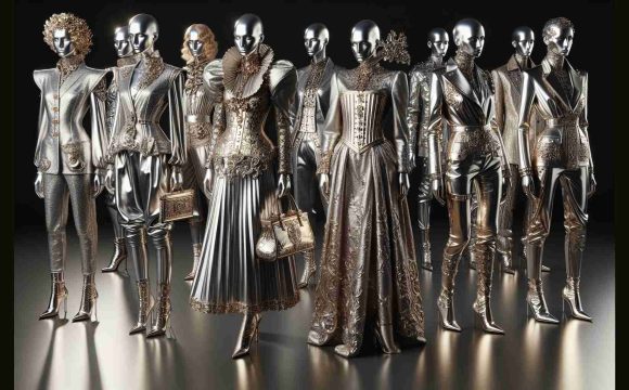 Produce a high-definition, realistic image that portrays the concept of 'Modern Renaissance' in the context of metallic fashion. It should be filled with recyclable metallic materials crafted into sophisticated garments. It should indicate the combination of old-world elegance from the Renaissance period, embodied by elaborate detailing, intricate patterns and high collars, with the modern twist of shiny, smooth metallic textures in the form of dresses, suits, and accessories. The image may include models from various descents displaying these fashion items in an environment that exudes a futuristic yet classical ambiance.