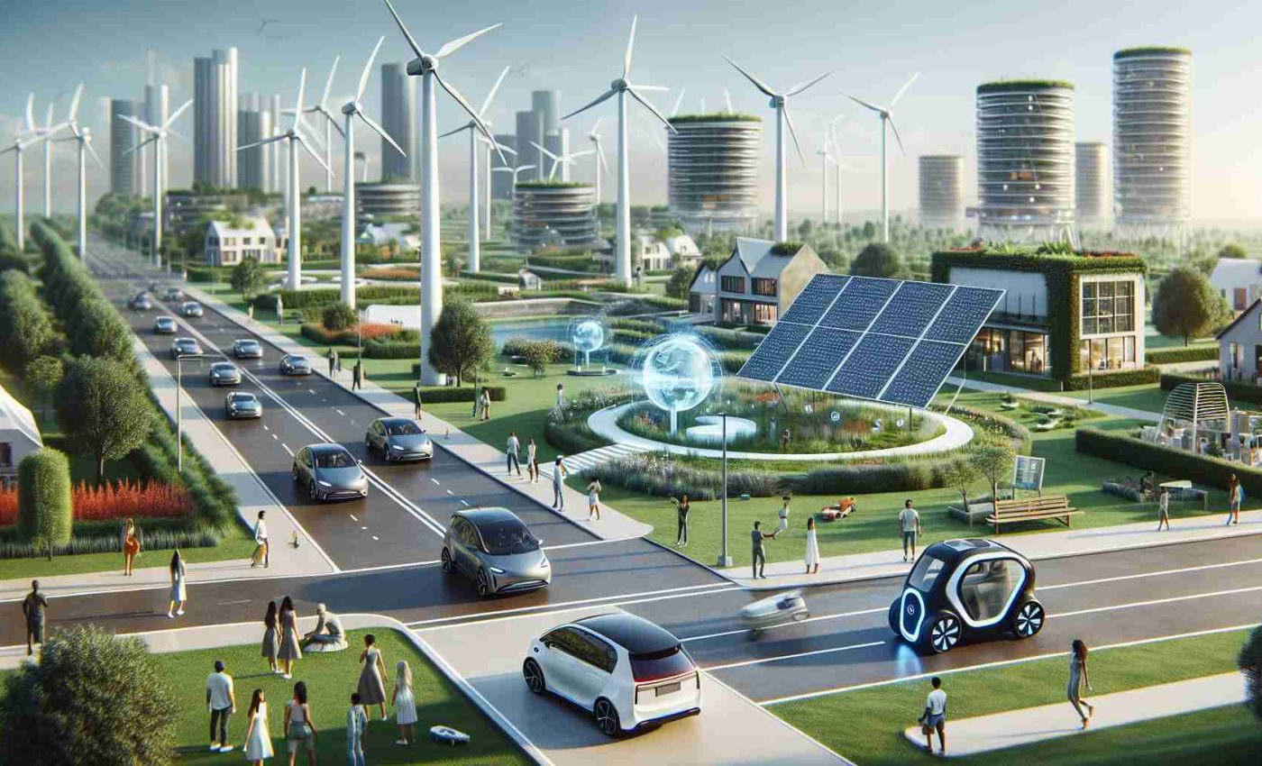 A high-definition, realistic image capturing the future of sustainable technology adoption. The scene includes innovative solar panels integrated into the design of urban buildings, wind turbines in the distance elegantly blending with the landscape, electric self-driving cars on well-maintained roads, with a background of well-manicured green spaces. Diverse individuals of different descents such as Hispanic, Black, Middle-Eastern, South Asian, and White are seen engaging with these technologies, balancing a sense of modern living with eco-consciousness.