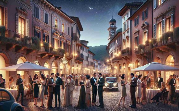 Create a realistic, high-definition image showcasing a night full of glamour in a quaint town known as Pieve Torina. Streets should be illuminated by soft, warm lighting from the surrounding shops and street lamps. People of various descents and genders elegantly dressed, mingling around in small groups, chatting and laughing. Charming details of traditional Italian architecture should be prominent, with cobblestone streets, historical buildings, and colorful facades. The sky above should display a clear, starry night, making it a truly enchanting scene.