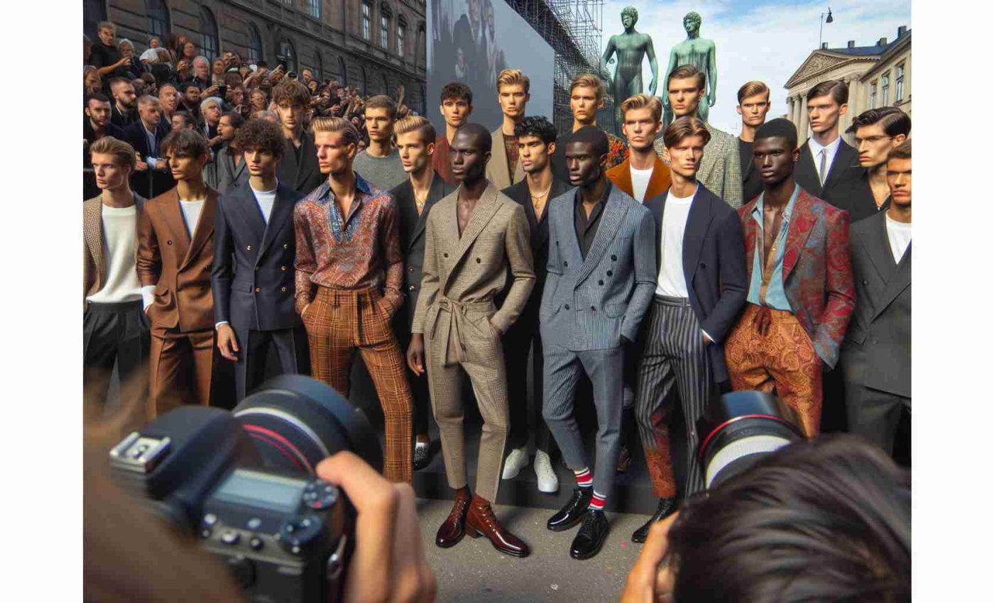 A high-definition, realistic photo capturing a vibrant menswear scene at a generic fashion week event located in a European city, similar in style to Copenhagen. The scene includes diverse models of different descents including Caucasian, Black, South Asian and Middle Eastern, adorning the latest fashion trends. The atmosphere is buzzing with activity, with photographers capturing the moment and spectators appreciatively watching.