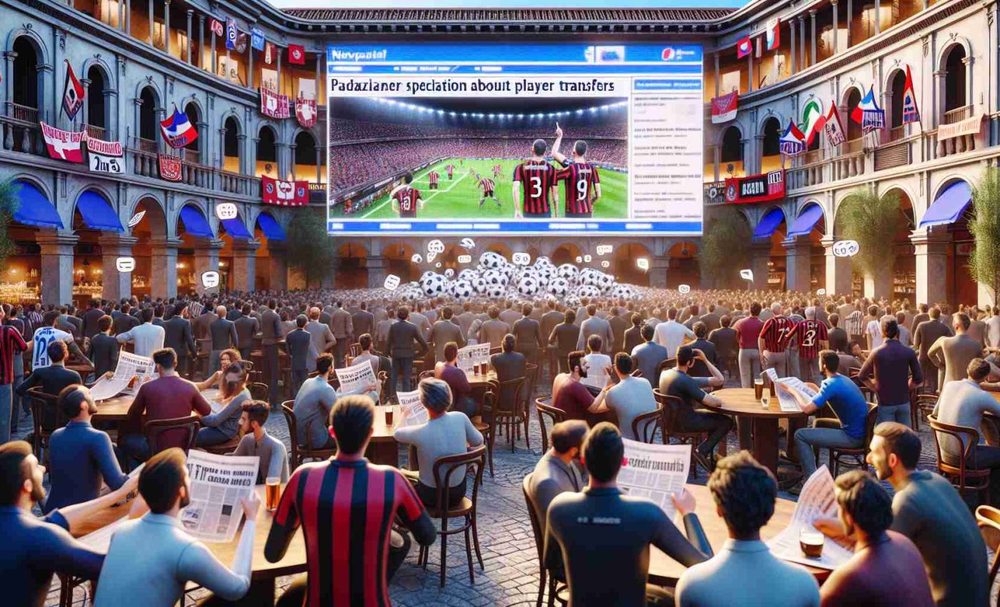 Render a high-definition, realistic photograph involving buzz and speculation about player transfers related to Trapani FC. Display an animated crowd in the background talking about the team, papers or tablets showing news headlines about potential transfers, and a large screen in a public space broadcasting soccer news. To further emphasize the excitement, include details such as fans wearing Trapani FC jerseys and scarves, bustling Italian cafes with soccer games on, and wide eyes and incredulous expressions on the faces of the club's supporters.