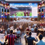 Render a high-definition, realistic photograph involving buzz and speculation about player transfers related to Trapani FC. Display an animated crowd in the background talking about the team, papers or tablets showing news headlines about potential transfers, and a large screen in a public space broadcasting soccer news. To further emphasize the excitement, include details such as fans wearing Trapani FC jerseys and scarves, bustling Italian cafes with soccer games on, and wide eyes and incredulous expressions on the faces of the club's supporters.