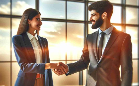 High-definition realistic photo depicting an exciting partnership marking the beginning of a new chapter. This includes two business professionals, one Hispanic female in a navy blue suit, and one Middle-Eastern male in a charcoal gray suit, shaking hands with heartfelt smiles. They are in a bright, contemporary office setting, with a golden sunset visible through a large window behind them, symbolizing the promising future of this new partnership.