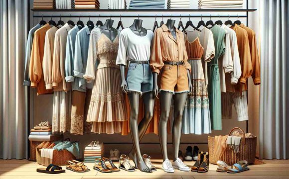 Illustrate a lifelike and high-resolution image that displays a fine selection of summer clothing for a total wardrobe transformation. Show a combination of both masculine and feminine outfits. Include garment pieces like lightweight shirts, breezy summer dresses, trendy shorts, and stylish sandals. The outfits should be advisable for a variety of different desecents including Caucasian, Hispanic, Black, Middle-Eastern, and South Asian. The setting might be an elegant boutique or a modern walk-in closet creating a fashionable and summery atmosphere.