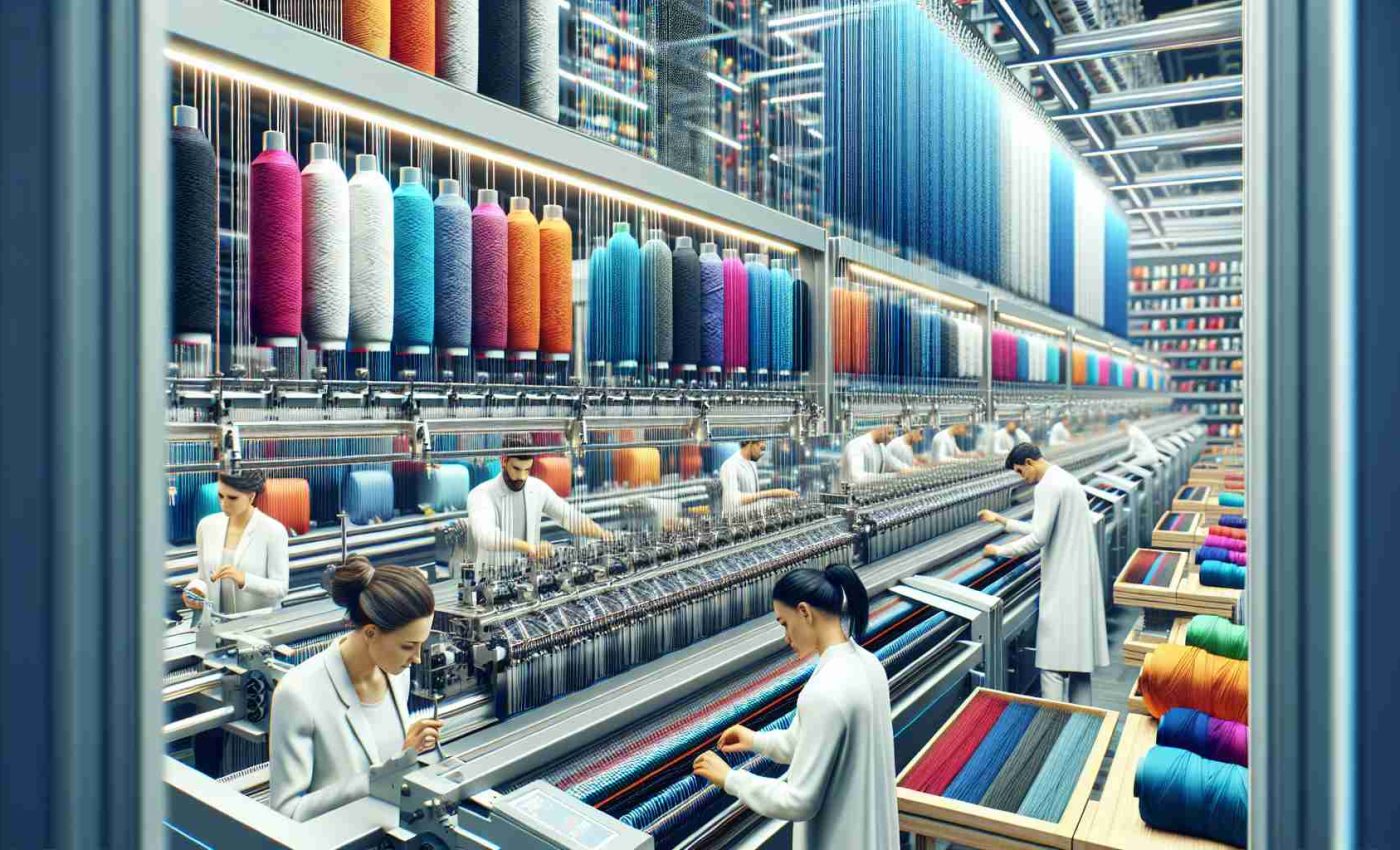 Realistic, high-definition image of an advanced knitting production setup, innovatively designed for creating high-quality knitwear. The scene presents well-organized machinery, strands of vibrant colored threads, and finely woven textile swatches on display. Workers of different genders and descents, Caucasian and South Asian male and female employees, are intently working on the machines, ensuring the smooth production of knitwear.