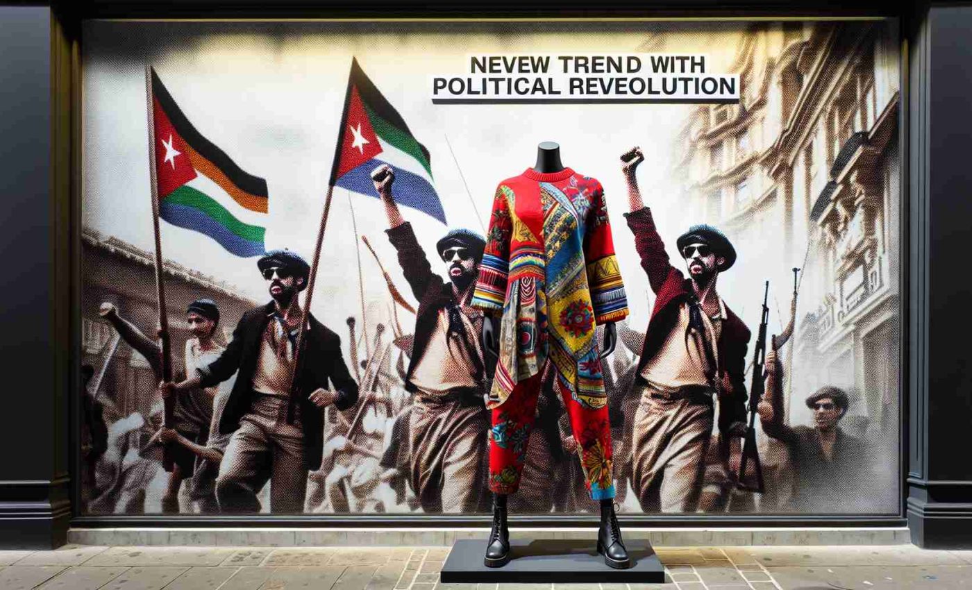 A high-definition image showcasing a novel trend in clothing style associated with political revolution. It's a new era, so imagine clothes that make a bold statement, infused with symbols of change and empowerment. The outfit should consist of vibrant colors and cutting-edge designs, combining traditional and modern elements. The background could have wall murals depicting revolutionary scenes.