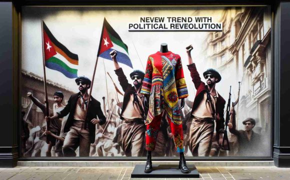 A high-definition image showcasing a novel trend in clothing style associated with political revolution. It's a new era, so imagine clothes that make a bold statement, infused with symbols of change and empowerment. The outfit should consist of vibrant colors and cutting-edge designs, combining traditional and modern elements. The background could have wall murals depicting revolutionary scenes.