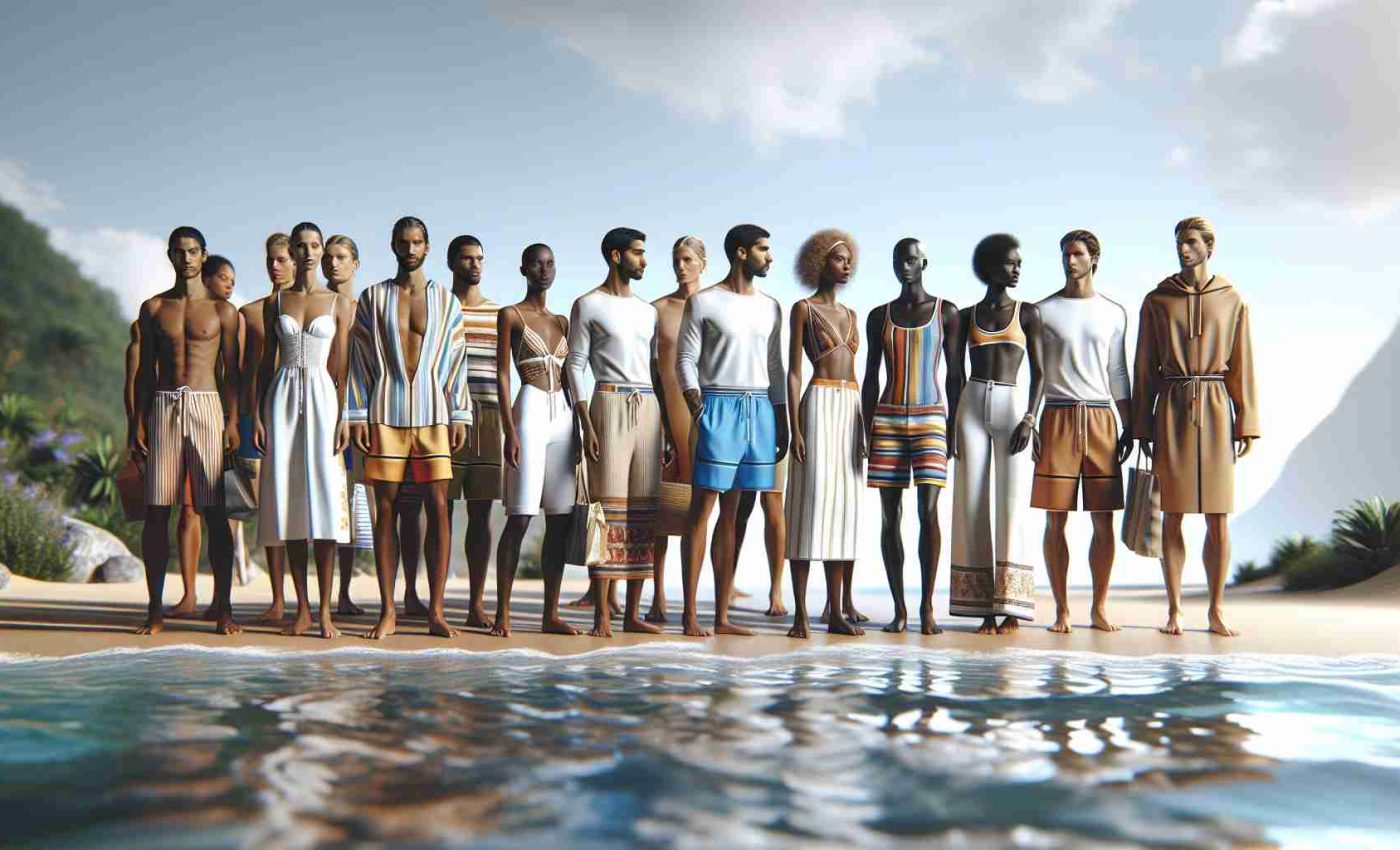 A high-definition, realistic image reflecting upcoming trends in summer swimwear for 2024. Show a range of swimsuits including bikinis, one-pieces, trunks and rashguards for both genders. Ensure the diversity by featuring models of various descents such as Caucasian, Hispanic, Black, and South Asian. The setting should be a sunny beach with clear waters, perhaps with a few palm trees scattered around. The atmosphere should be light and summery, capturing the joy of the upcoming season.