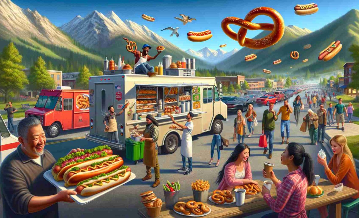 Produce an image in high definition portraying the emerging trend of mobile snack trucks in the context of a mountain town setting. Depict the mobile snack trucks amidst the hilly terrains and town landscape. Ensure a diverse array of offerings from the snack trucks that may include, pretzels, hotdogs, coffee, and pastries. Include local residents patronizing the trucks, with mixed genders and races: a Black woman sipping a cup of hot coffee, a Middle-Eastern male vendor flipping a hotdog on the grill, a Caucasian couple sharing a pretzel, and a South Asian child buying a pastry.