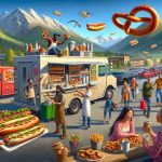 Produce an image in high definition portraying the emerging trend of mobile snack trucks in the context of a mountain town setting. Depict the mobile snack trucks amidst the hilly terrains and town landscape. Ensure a diverse array of offerings from the snack trucks that may include, pretzels, hotdogs, coffee, and pastries. Include local residents patronizing the trucks, with mixed genders and races: a Black woman sipping a cup of hot coffee, a Middle-Eastern male vendor flipping a hotdog on the grill, a Caucasian couple sharing a pretzel, and a South Asian child buying a pastry.