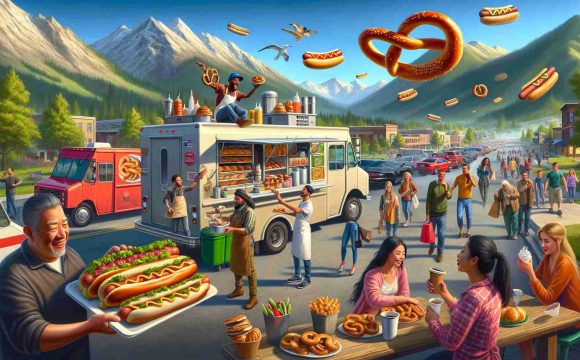 Produce an image in high definition portraying the emerging trend of mobile snack trucks in the context of a mountain town setting. Depict the mobile snack trucks amidst the hilly terrains and town landscape. Ensure a diverse array of offerings from the snack trucks that may include, pretzels, hotdogs, coffee, and pastries. Include local residents patronizing the trucks, with mixed genders and races: a Black woman sipping a cup of hot coffee, a Middle-Eastern male vendor flipping a hotdog on the grill, a Caucasian couple sharing a pretzel, and a South Asian child buying a pastry.