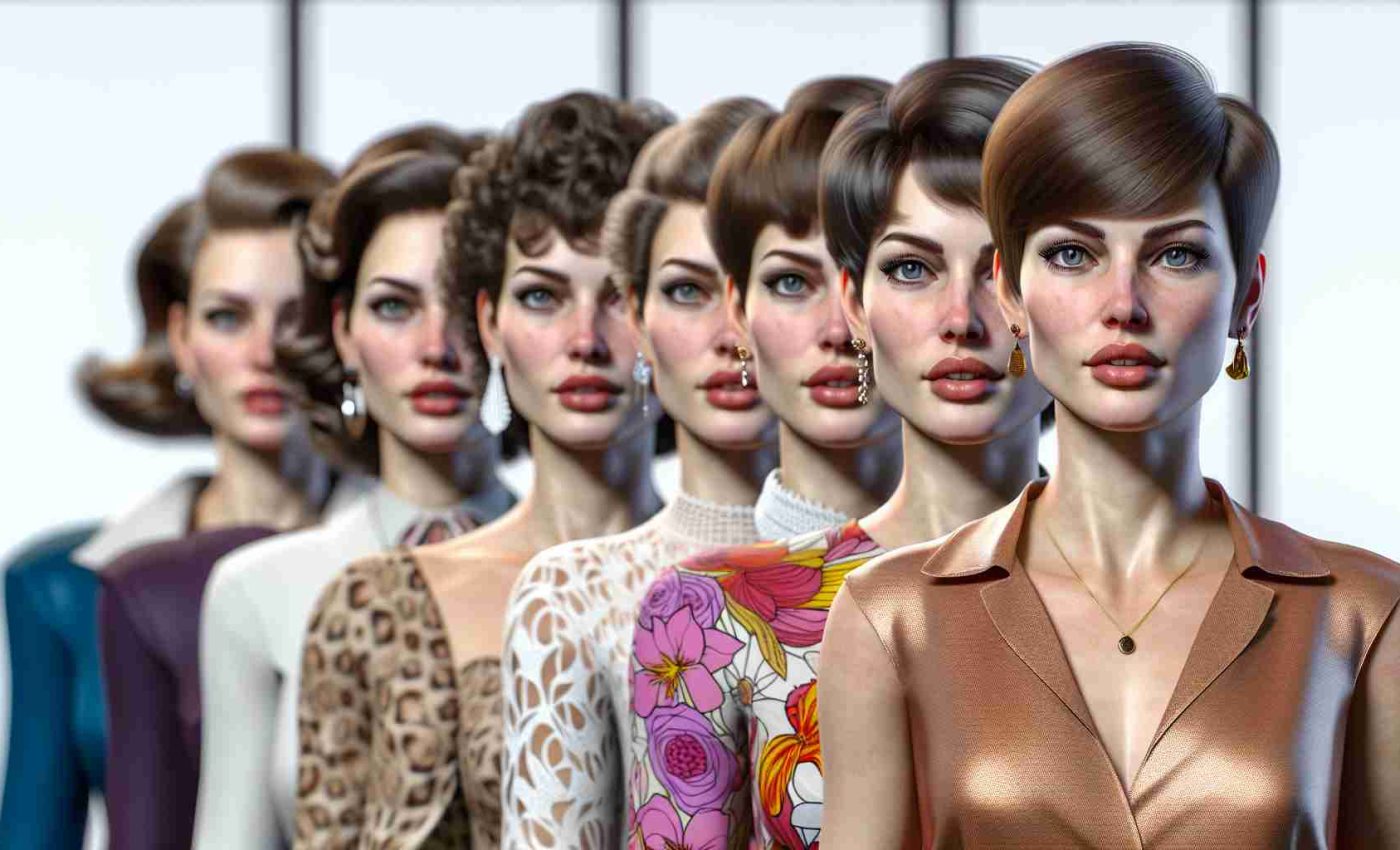 A high definition, realistic representation of a female fashion evolution, featuring styles from various decades. The subject is a Caucasian woman with strong features, often seen with short, brunette hair. These styles should include, for example, the refined elegance of the 1950s, the mod trends of the 1960s, the bohemian vibes of the 1970s, the power suits of the 1980s, the minimalism of the 1990s, and finally, the multifaceted aesthetic of the 21st century.