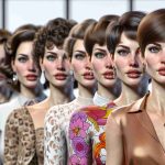 A high definition, realistic representation of a female fashion evolution, featuring styles from various decades. The subject is a Caucasian woman with strong features, often seen with short, brunette hair. These styles should include, for example, the refined elegance of the 1950s, the mod trends of the 1960s, the bohemian vibes of the 1970s, the power suits of the 1980s, the minimalism of the 1990s, and finally, the multifaceted aesthetic of the 21st century.