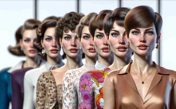 A high definition, realistic representation of a female fashion evolution, featuring styles from various decades. The subject is a Caucasian woman with strong features, often seen with short, brunette hair. These styles should include, for example, the refined elegance of the 1950s, the mod trends of the 1960s, the bohemian vibes of the 1970s, the power suits of the 1980s, the minimalism of the 1990s, and finally, the multifaceted aesthetic of the 21st century.