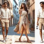 Create a high-definition, realistic image featuring a summer chic style that celebrates linen fashion trends. Visualize a setting of a warm, sunny day where a Hispanic woman is elegantly dressed in a lightweight, beige linen dress, as she strolls down a cobblestone street. Accompany her is a Middle Eastern man sporting a cool, white linen shirt paired with khaki shorts, suggesting a relaxed but stylish summer vibe. These ensembles personify the breathable and comfortable aspects of linen, ideal for hot summer days.