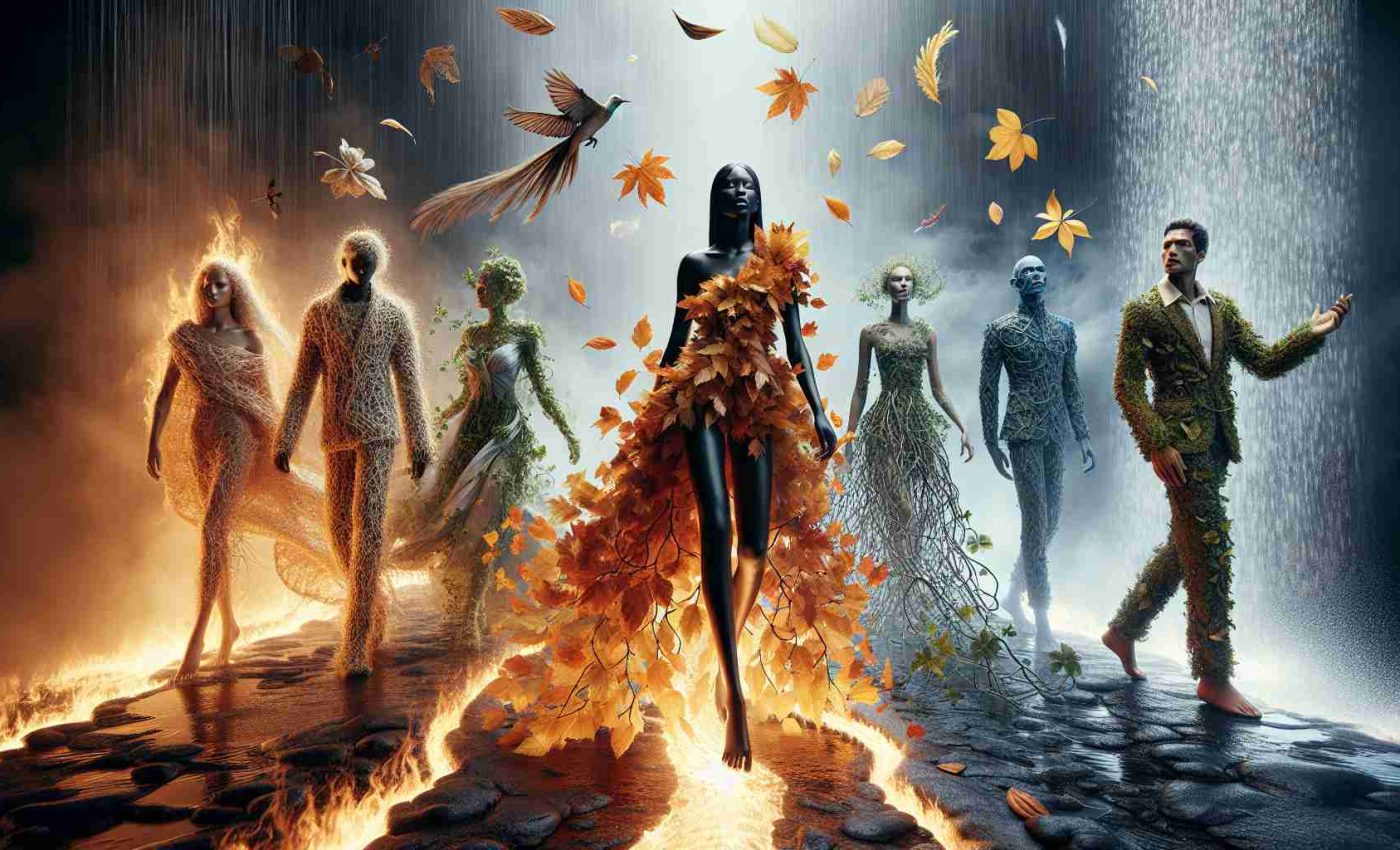 A hyper-realistic image representing the theme 'Rediscovering Nature: A Fashion Journey Through the Elements'. This artistic concept involves human figures interacting with representative elements of nature. Let's imagine at the centre, a Black woman, wearing a flowing dress made from crisp autumn leaves, walking along a glowing path that represents the element of fire. To the left, a Caucasian man in an tailored suit cut from vines and leaves, walks through a curtain of rain symbolizing water. To the right, a South Asian woman, adorned in a gown of delicate feathers, hovers above the ground, signifying air. A Middle Eastern man stands solidly at the backdrop in attire fashioned from stones, representing earth. The scene should sharpen the contrast between the natural elements and the intricate fashion details.