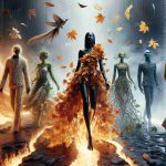 A hyper-realistic image representing the theme 'Rediscovering Nature: A Fashion Journey Through the Elements'. This artistic concept involves human figures interacting with representative elements of nature. Let's imagine at the centre, a Black woman, wearing a flowing dress made from crisp autumn leaves, walking along a glowing path that represents the element of fire. To the left, a Caucasian man in an tailored suit cut from vines and leaves, walks through a curtain of rain symbolizing water. To the right, a South Asian woman, adorned in a gown of delicate feathers, hovers above the ground, signifying air. A Middle Eastern man stands solidly at the backdrop in attire fashioned from stones, representing earth. The scene should sharpen the contrast between the natural elements and the intricate fashion details.