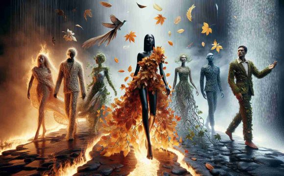 A hyper-realistic image representing the theme 'Rediscovering Nature: A Fashion Journey Through the Elements'. This artistic concept involves human figures interacting with representative elements of nature. Let's imagine at the centre, a Black woman, wearing a flowing dress made from crisp autumn leaves, walking along a glowing path that represents the element of fire. To the left, a Caucasian man in an tailored suit cut from vines and leaves, walks through a curtain of rain symbolizing water. To the right, a South Asian woman, adorned in a gown of delicate feathers, hovers above the ground, signifying air. A Middle Eastern man stands solidly at the backdrop in attire fashioned from stones, representing earth. The scene should sharpen the contrast between the natural elements and the intricate fashion details.