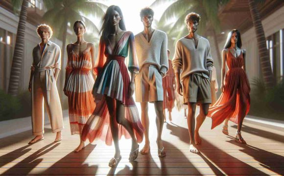 A high-definition, realistic image showcasing the latest summer fashion trends for the year 2024. This includes both men and women sporting contemporary clothing designs suitable for warm weather. The women can be seen in vibrant, airy dresses with unique cuts, while the men are donning light, casual summer outfits with simplistic yet elegant patterns. The scene is filled with rich, summery hues under the bright natural light of a sunny day.