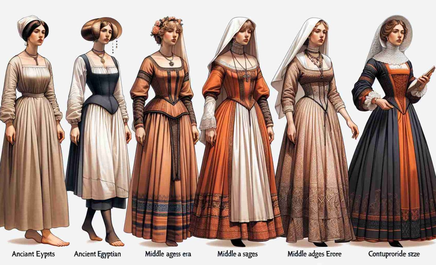 Create a realistic HD photo illustrating the evolution of women's fashion through various historical periods. Commence from ancient Egyptian times, showcasing a woman in a simple linen dress. Transition to the elegance of a Middle-Eastern woman in the Byzantine era, wearing a Dalmatica. Then depict a Caucasian woman from Middle Ages Europe with a Gothic style houppelande. Proceed to the refined style of a South Asian woman during the Victorian era in England, exhibiting a hoop-skirted crinoline dress. Finally, conclude with a Hispanic woman in a contemporary attire reflective of current trends.