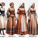 Create a realistic HD photo illustrating the evolution of women's fashion through various historical periods. Commence from ancient Egyptian times, showcasing a woman in a simple linen dress. Transition to the elegance of a Middle-Eastern woman in the Byzantine era, wearing a Dalmatica. Then depict a Caucasian woman from Middle Ages Europe with a Gothic style houppelande. Proceed to the refined style of a South Asian woman during the Victorian era in England, exhibiting a hoop-skirted crinoline dress. Finally, conclude with a Hispanic woman in a contemporary attire reflective of current trends.