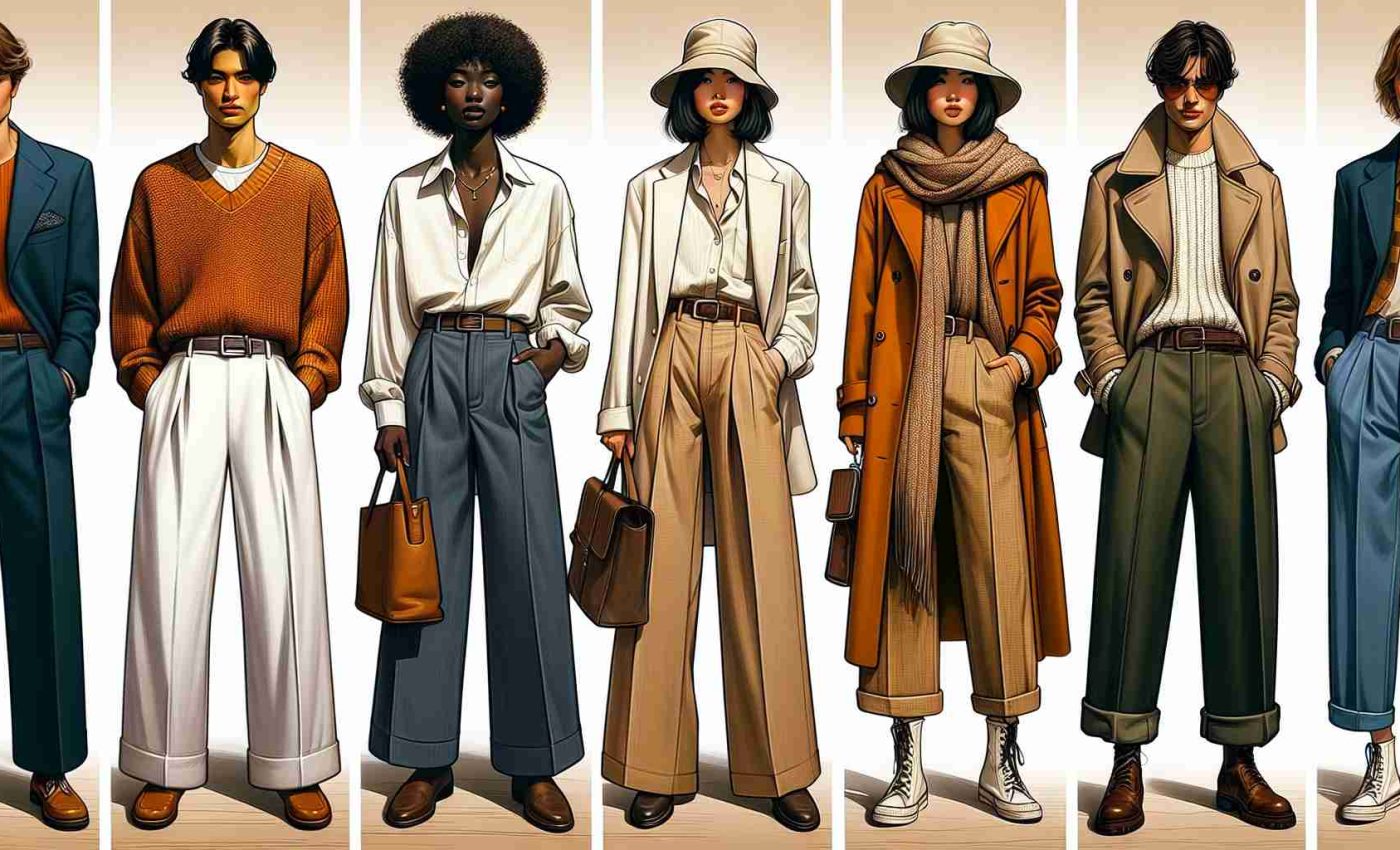 Produce an ultra-high definition, realistic image of five unique ways to style wide-leg pants in this fall season. 1. A South-Asian man wearing a pair with a tucked-in orange sweater and brown loafers. 2. A Black woman pairing the pants with a chic, white blazer and a cute bucket hat. 3. A Middle Eastern woman in wide-leg pants, coupled with a cozy knit scarf and ankle boots. 4. A Caucasian man in the pants with a vintage leather jacket and a flat cap. 5. A Hispanic woman with these pants complimented by a stylish trench coat and knee-high boots.