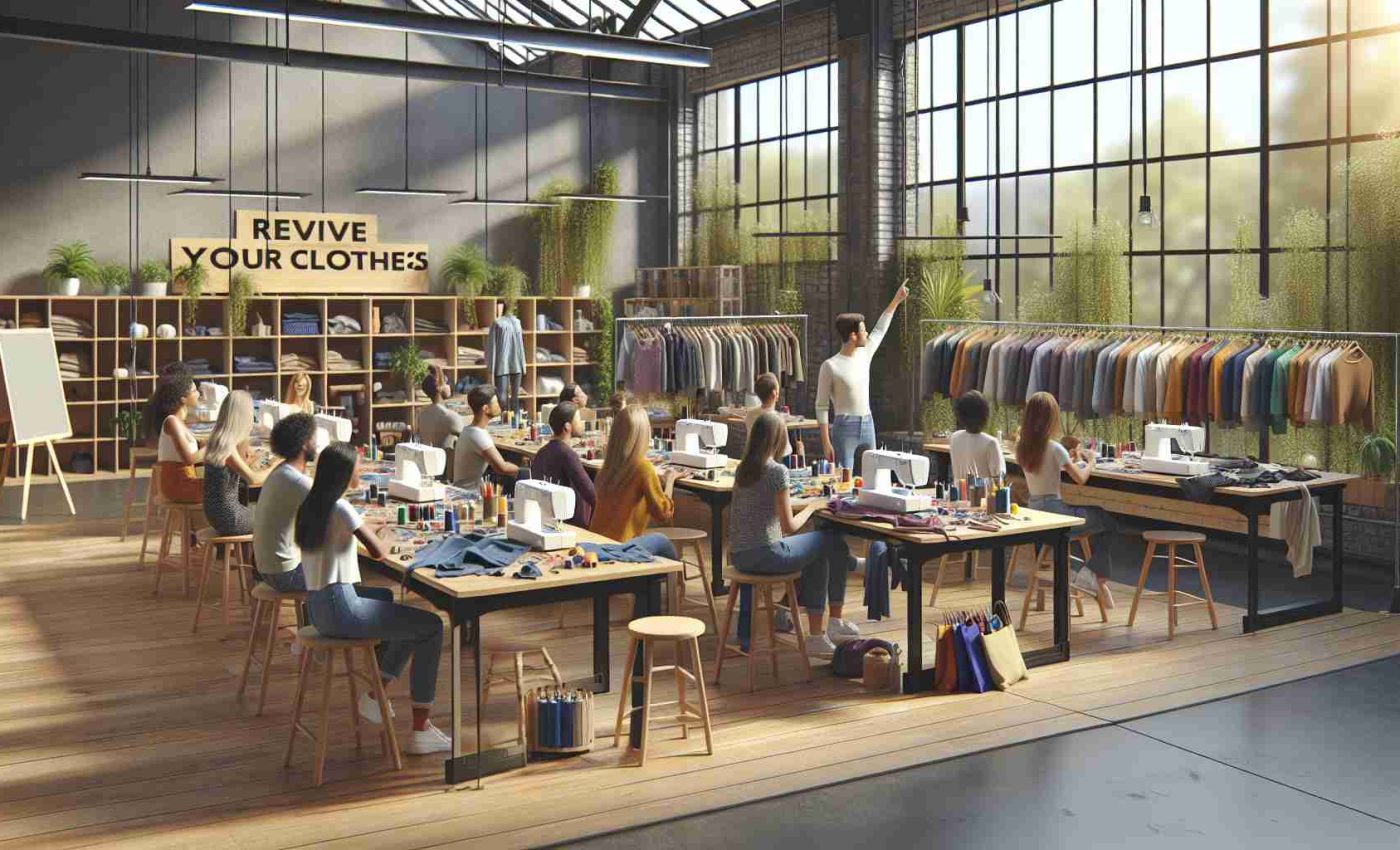 Generate a realistic, high-definition image of a scene depicting a 'Revive Your Clothes' workshop. It takes place in a spacious room with natural lighting, showcasing several tables equipped with sewing machines, clothing pieces, threads, and other craft materials. There are people of various descents and genders sitting at the tables, listening attentively to the instructor, a Caucasian woman pointing towards a display of clothes. They are learning sustainable fashion tips, mending clothes, and repurposing fabrics to give a second life to their garments.