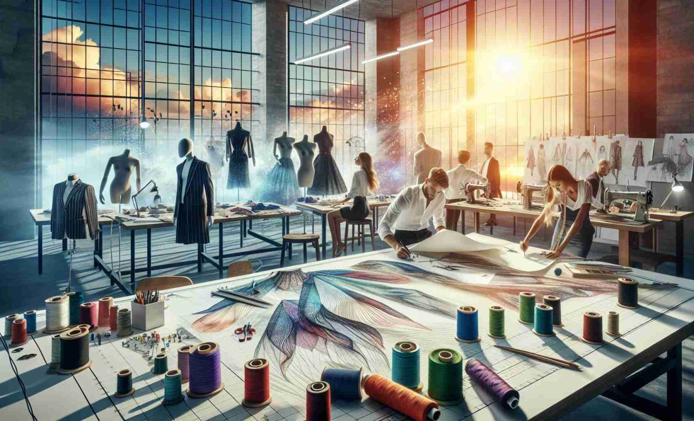 A high-definition, realistic image that symbolizes a new dawn for the Italian fashion industry. The image could feature a metaphorical sunrise over a fashion design studio, with drafting tables, sketches of avant-garde clothing designs, fabric swatches spread out, tailor mannequins partially dressed in stylish Italian clothing, and spools of thread in a myriad of colors. A few fashion designers of different descents and genders, including a Caucasian male, a Hispanic female, and a South Asian non-binary person could be immersed in the collaborative creation process, symbolizing unity and the start of a new era.