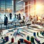 A high-definition, realistic image that symbolizes a new dawn for the Italian fashion industry. The image could feature a metaphorical sunrise over a fashion design studio, with drafting tables, sketches of avant-garde clothing designs, fabric swatches spread out, tailor mannequins partially dressed in stylish Italian clothing, and spools of thread in a myriad of colors. A few fashion designers of different descents and genders, including a Caucasian male, a Hispanic female, and a South Asian non-binary person could be immersed in the collaborative creation process, symbolizing unity and the start of a new era.