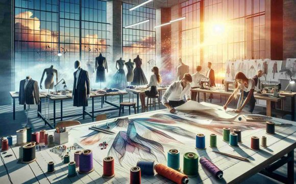 A high-definition, realistic image that symbolizes a new dawn for the Italian fashion industry. The image could feature a metaphorical sunrise over a fashion design studio, with drafting tables, sketches of avant-garde clothing designs, fabric swatches spread out, tailor mannequins partially dressed in stylish Italian clothing, and spools of thread in a myriad of colors. A few fashion designers of different descents and genders, including a Caucasian male, a Hispanic female, and a South Asian non-binary person could be immersed in the collaborative creation process, symbolizing unity and the start of a new era.