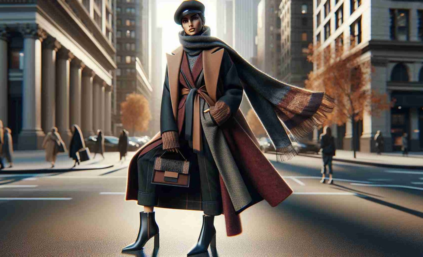 High-definition, realistic imagery showcasing the latest trends in fall fashion for the year 2025. The outfit should include a modern, sleek coat in deep autumnal colors, complemented via a pair of chic ankle boots. A fashion-forward scarf and a hat pairing should complete the ensemble. The model wearing this stylish outfit should be a Middle-Eastern female. The backdrop can be a city setting, giving a nod to the urban fashion scene.