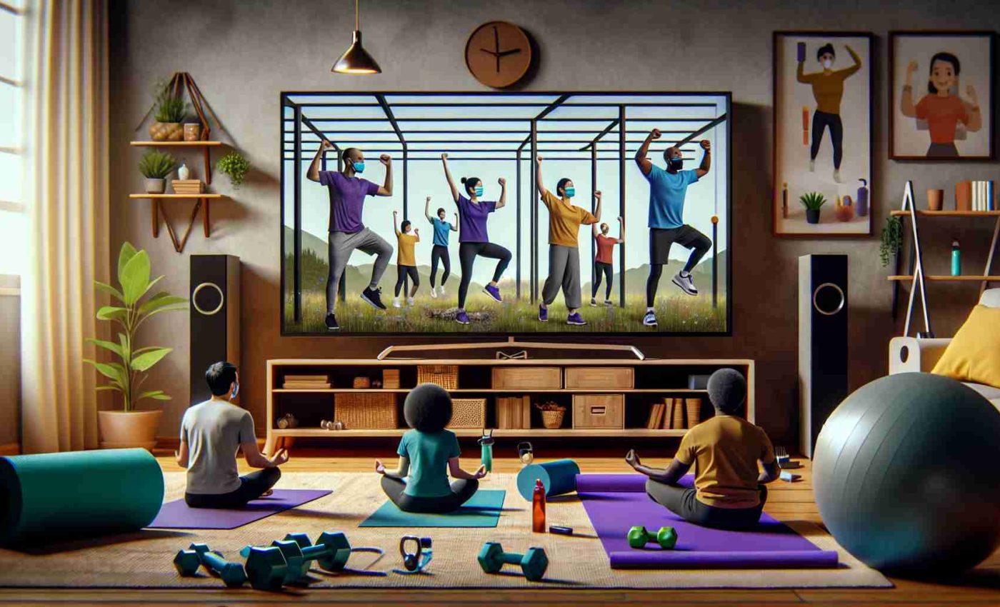 A high-definition image portraying the rise of virtual fitness classes during the pandemic. Picture a living room transformed into a mini gym with a diversity of people participating in an online fitness class on a large TV screen. The participants should include an Asian male doing yoga, a Black female practicing cardio exercises, a Middle-Eastern person doing strength training, and a Caucasian female leading the class on the screen. The room should have a yoga mat, dumbbells, resistance bands, and fitness balls, evidence of recycled home equipment being used as makeshift workout tools.