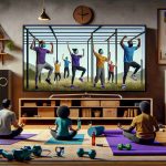 A high-definition image portraying the rise of virtual fitness classes during the pandemic. Picture a living room transformed into a mini gym with a diversity of people participating in an online fitness class on a large TV screen. The participants should include an Asian male doing yoga, a Black female practicing cardio exercises, a Middle-Eastern person doing strength training, and a Caucasian female leading the class on the screen. The room should have a yoga mat, dumbbells, resistance bands, and fitness balls, evidence of recycled home equipment being used as makeshift workout tools.