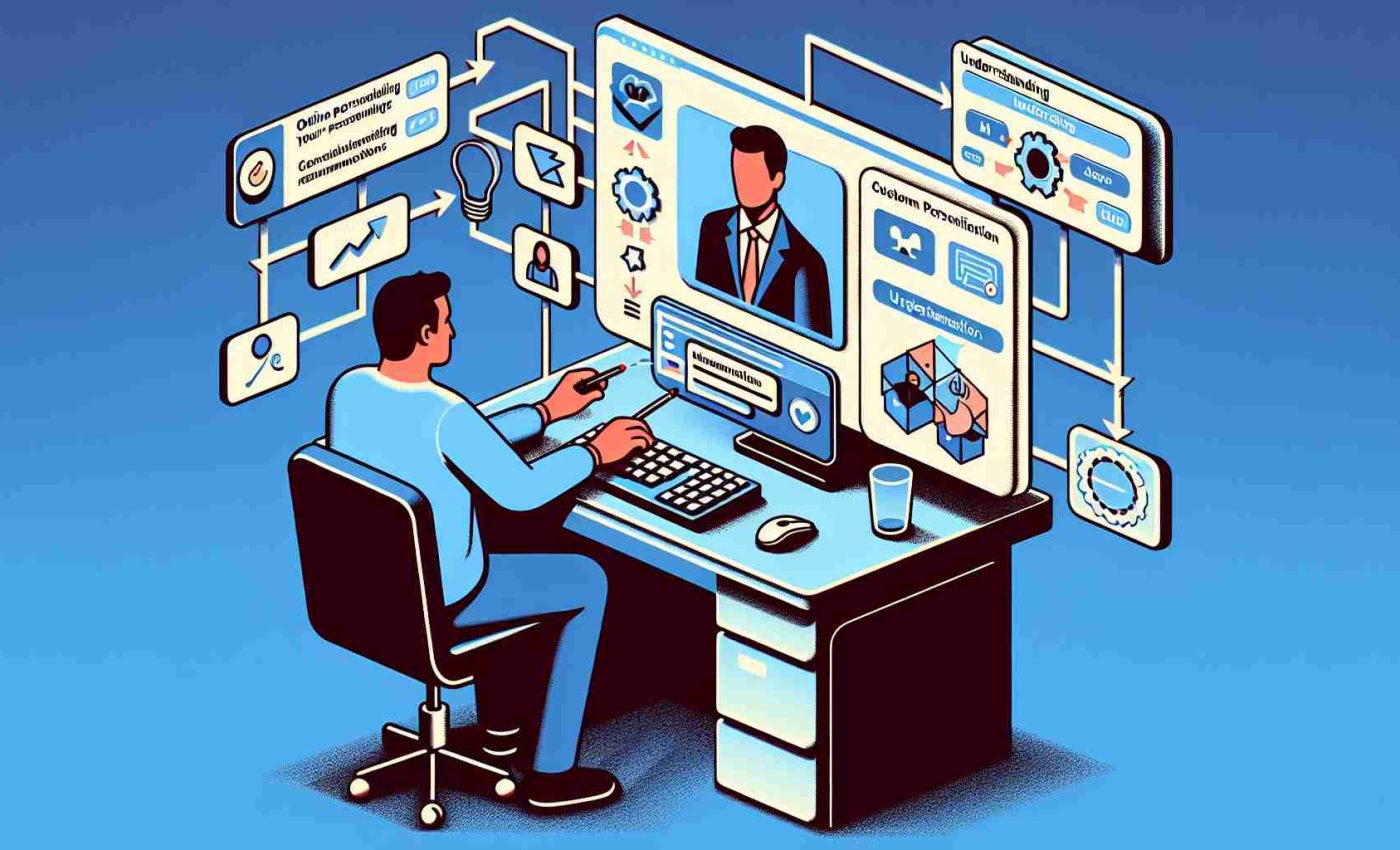 Visual representation of understanding online personalization in high definition. Imagine a person sitting at a computer, with an interface displaying various custom recommendations and a flowchart illustrating the process of gathering data, analyzing it, and tailoring it to the user's preferences. The individual, a middle-aged Hispanic male, engrosses in the process, highlighting its applicability.