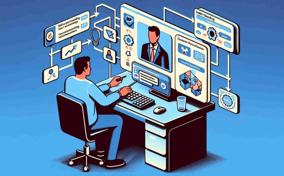 Visual representation of understanding online personalization in high definition. Imagine a person sitting at a computer, with an interface displaying various custom recommendations and a flowchart illustrating the process of gathering data, analyzing it, and tailoring it to the user's preferences. The individual, a middle-aged Hispanic male, engrosses in the process, highlighting its applicability.