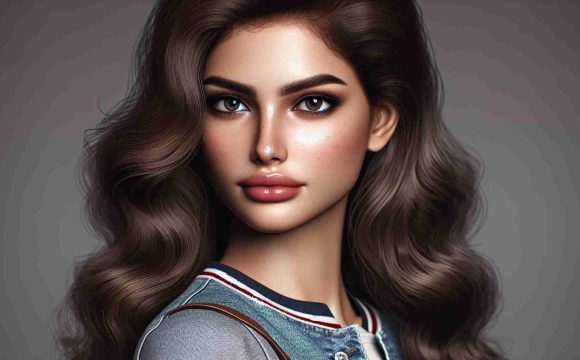 HD quality, realistic portrait of a woman who shares characteristics with a modern vintage icon: possessing striking facial features with dark brows, deep-set eyes, and full lips. She has long, brown, wavy hair and a slender physique. Fashion-forward, she typically wears casual chic clothing, blending contemporary styles with retro fashion trends.