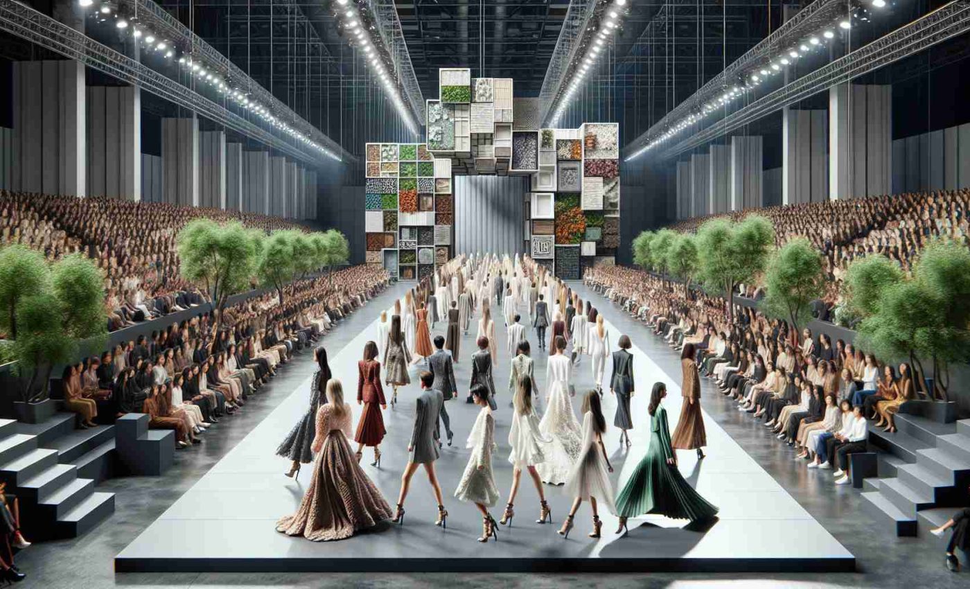 A realistic, high-definition depiction of a fashion showcase held at an expansive venue. The theme of the event is 'Embracing Sustainability and Diversity'. The runway is decorated with elements that symbolize eco-friendliness, like repurposed materials and nature-inspired set pieces. Fashion models of various descents and genders gracefully walk the runway, exhibiting a wide array of sustainable fashion trends. There's a medley of outfits ranging from elegant dresses to chic business attire, all created from recyclable or sustainably sourced fabrics. The crowd is animated and enthralled, highlighting the universal appeal and influence of sustainable and inclusive fashion.