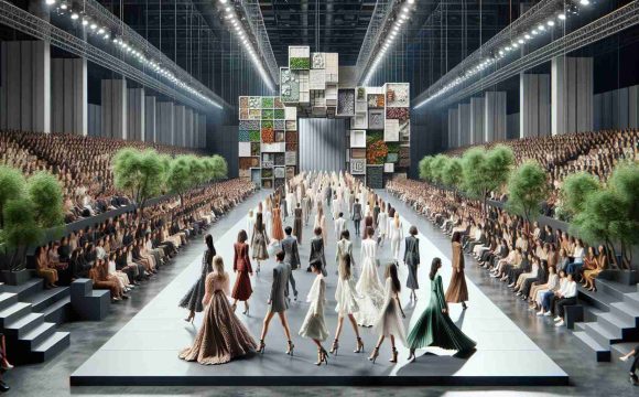 A realistic, high-definition depiction of a fashion showcase held at an expansive venue. The theme of the event is 'Embracing Sustainability and Diversity'. The runway is decorated with elements that symbolize eco-friendliness, like repurposed materials and nature-inspired set pieces. Fashion models of various descents and genders gracefully walk the runway, exhibiting a wide array of sustainable fashion trends. There's a medley of outfits ranging from elegant dresses to chic business attire, all created from recyclable or sustainably sourced fabrics. The crowd is animated and enthralled, highlighting the universal appeal and influence of sustainable and inclusive fashion.