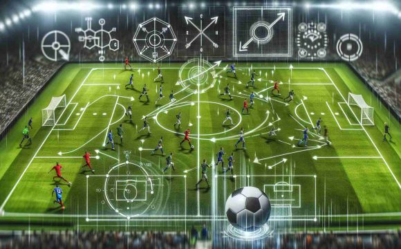 An image displaying the latest evolutions in tactical trends of modern football. It should show a close-up of a highly detailed football pitch, with players in various formations and strategies. The pitch is well-maintained, the grass is vivid green and the boundary lines are distinctly marked in white. Animated arrows and diagrams symbolize the shifting tactics. Include a black and white football in motion, symbolizing a critical moment in the game. Blur the background slightly implying a high paced movement. Make sure the players represent various descents like Caucasian, Hispanic, Black, Middle-Eastern, South Asian and White male and female.