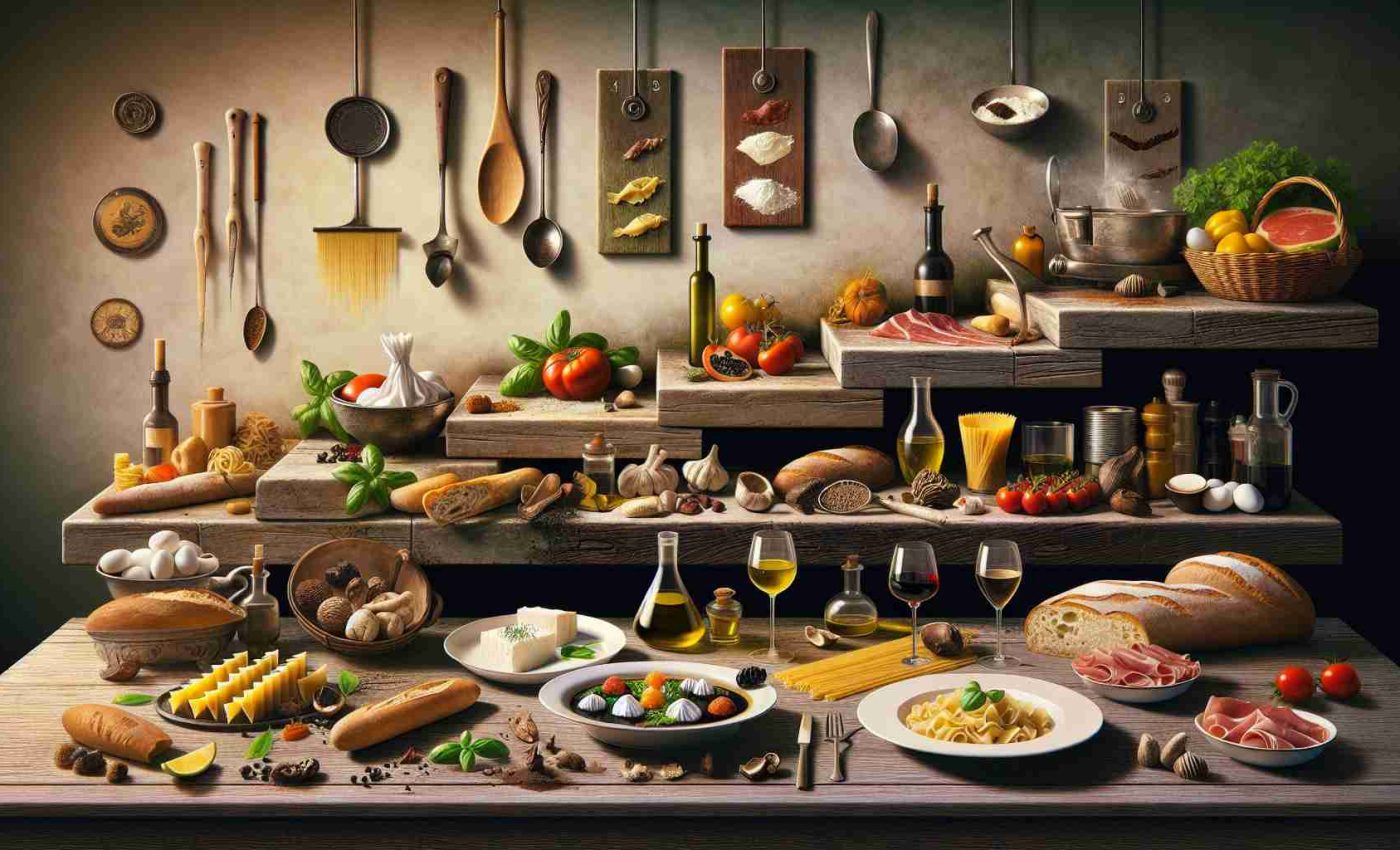 An ultra high-definition image depicting the evolution of Italian cuisine. It starts from the left, where a rustic kitchen setting is showing some basics of historical Italian cooking - simple ingredients like tomatoes, basil, mozzarella, and bread. Then, middle of the image reflects the transformation period, with pasta making and olive oils getting prominence. Lastly, on the right demonstrates the modern Italian cuisine with a sophisticated dish plated elegantly with culinary oddities such as truffle and prosciutto. All these stages are interconnected with a well-defined transition.